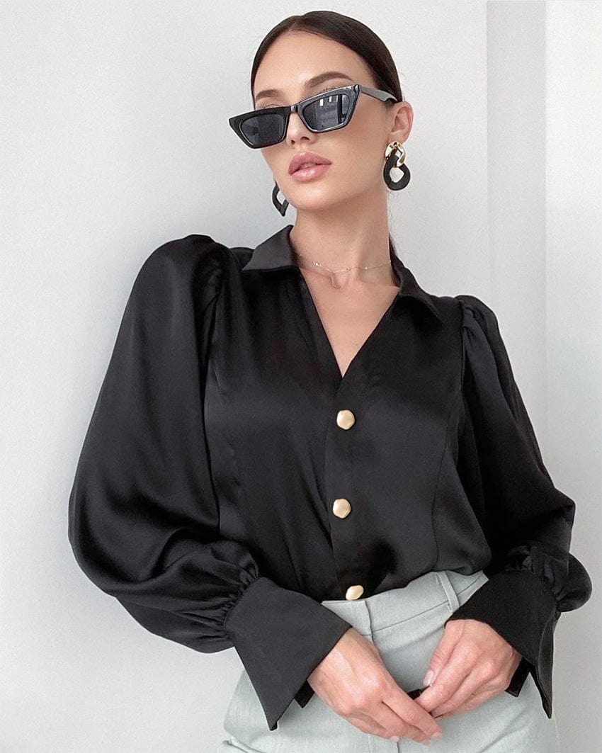 Bclout/QINSI Button Frill Tops Office Ladies Spring 2023 Chic Pleated Elegant Ladies Black Shirts  Lantern Sleeves Women Blouses
