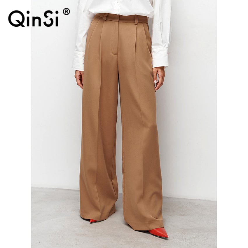 Bclout/QINSI Classy Ladies Business Black Pants 2023 Women Casual High Waist Floor-Length Pants Khaki Pleated Office Trousers