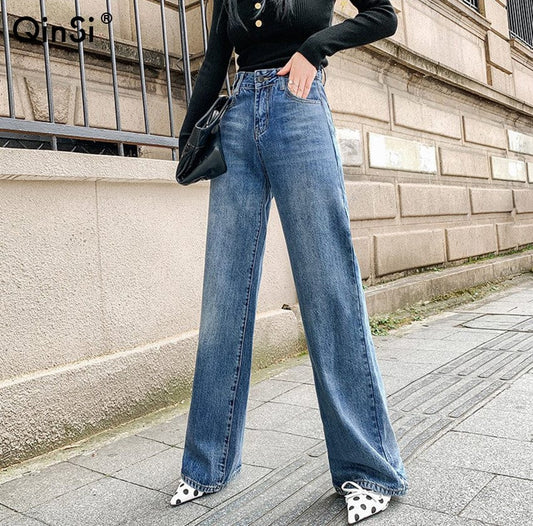 Bclout/QINSI Ladies Pants High Waist Pockets Loose Female Wide Leg Denim Pants Casual Spring Women Long Jeans Trousers