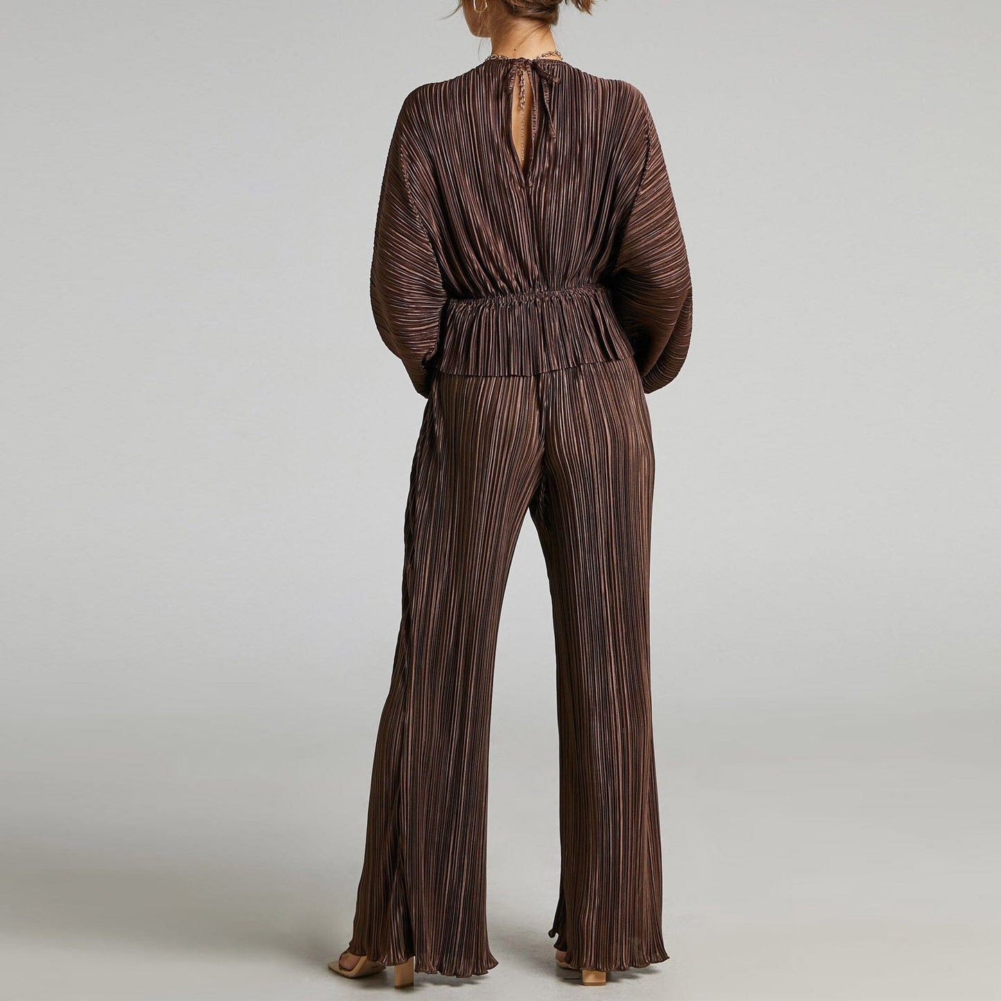 Bclout/QINSI Lady Elegant Loose High Waist Pants Set Fashion Brown Pleated Trouser Suits Sexy Deep V-Neck Shirts Two Piece Set