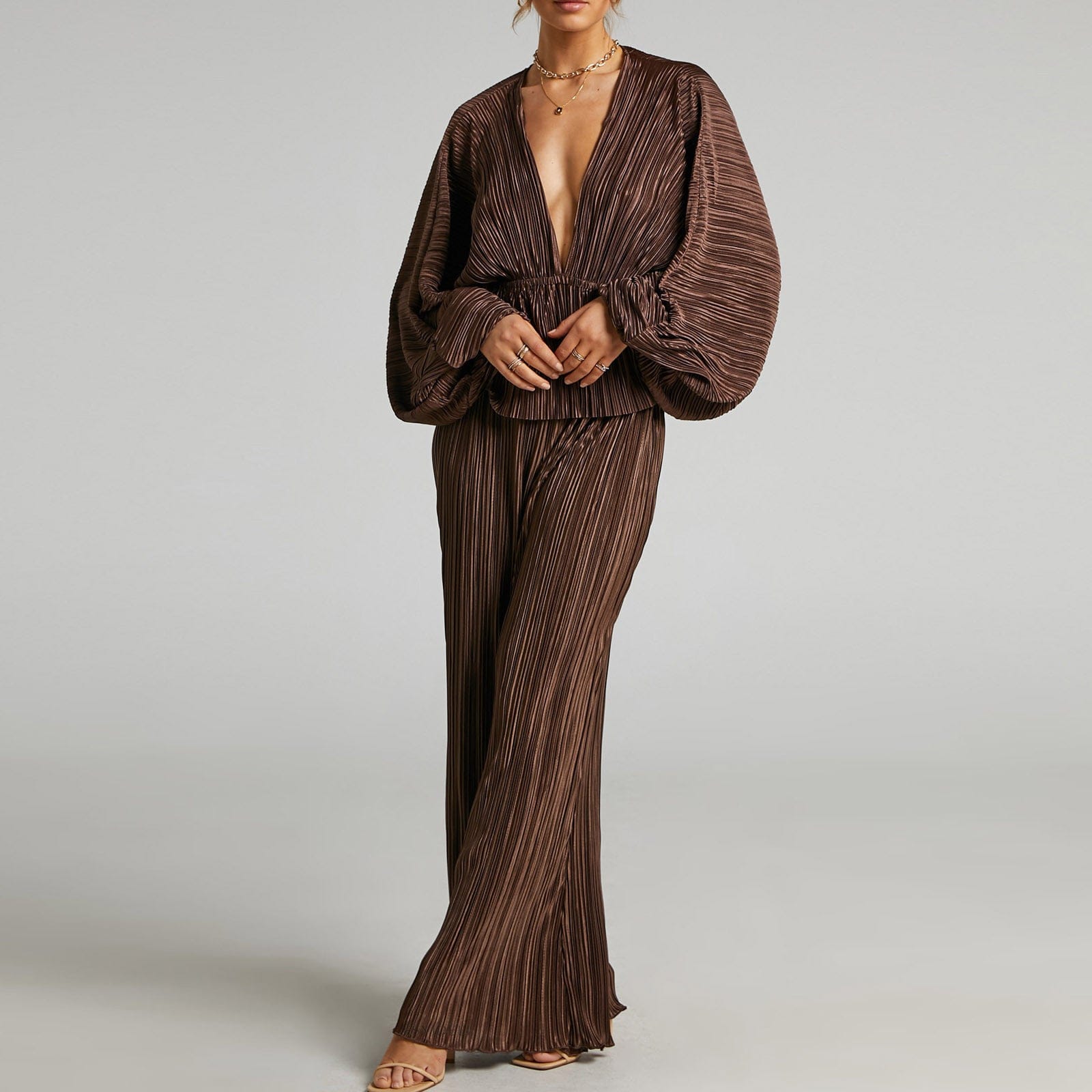 Bclout/QINSI Lady Elegant Loose High Waist Pants Set Fashion Brown Pleated Trouser Suits Sexy Deep V-Neck Shirts Two Piece Set