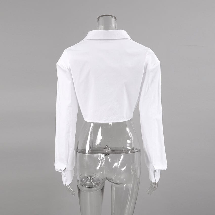 Bclout/QINSI Pleated Fashion Ladies Double Pockets Blouses Solid Women Autumn 2022 Lace Up Lapel Tops Street Cropped White Shirt