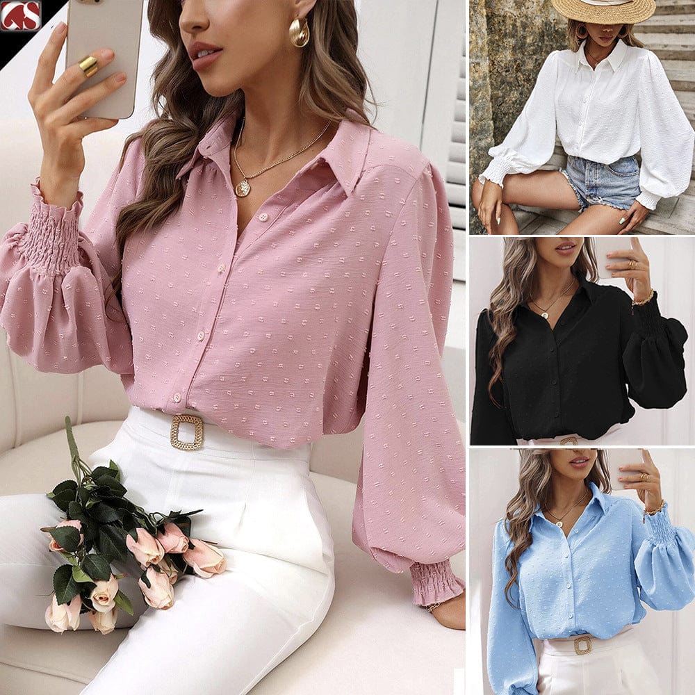 Bclout/QINSI  Solid Vintage Blouse Women Tops Shirt Single Breasted Stand Collar Shirts Office Work Blouse New In Lantern Sleeve