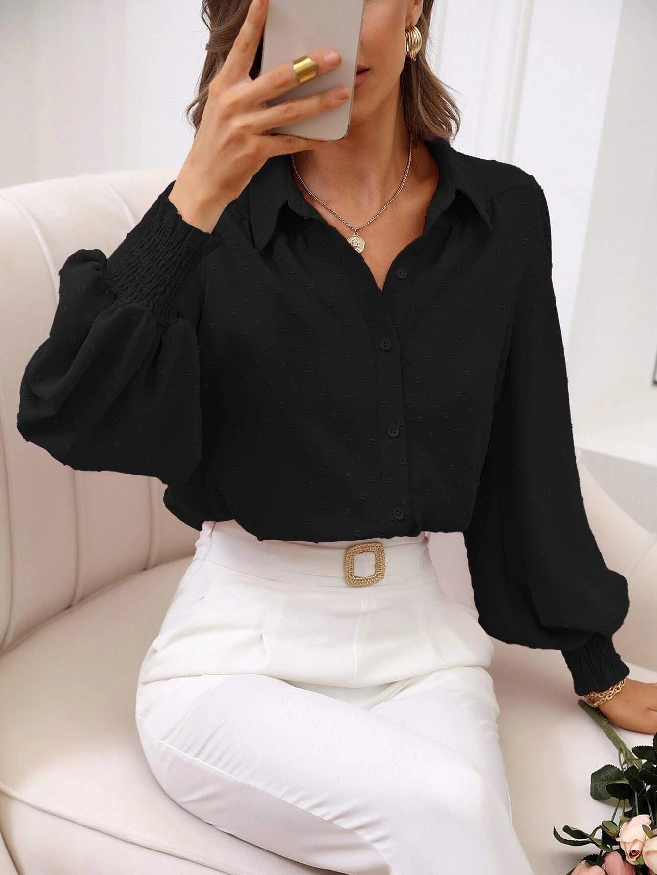 Bclout/QINSI  Solid Vintage Blouse Women Tops Shirt Single Breasted Stand Collar Shirts Office Work Blouse New In Lantern Sleeve