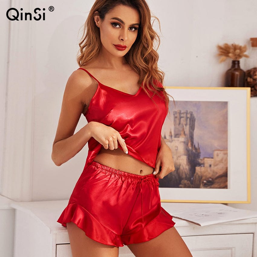 Bclout/QINSI Summer Satin Home Wear Women Nightgown Nightwear V-Neck Sexy Loungewear Pajamas Sling&shorts Suit Satin Sleepwear
