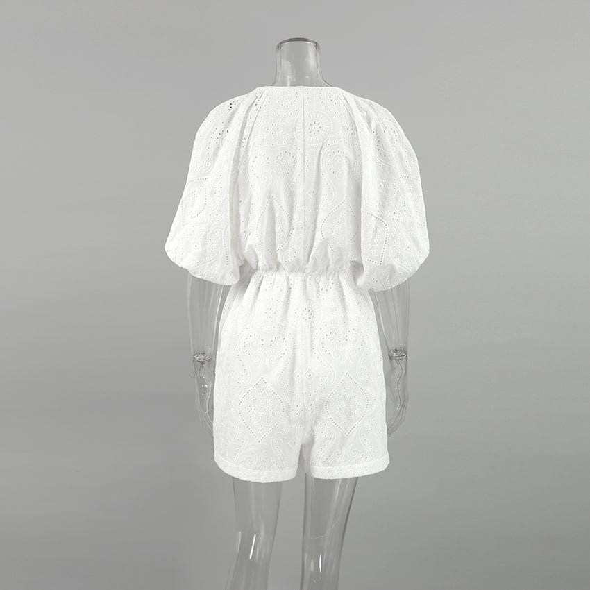 Bclout Women Cotton Short Sleeve Midi Waist Romper 2023 Summer Casual Hollow Out Playsuits Elegant Jacquard White O Neck Rompers