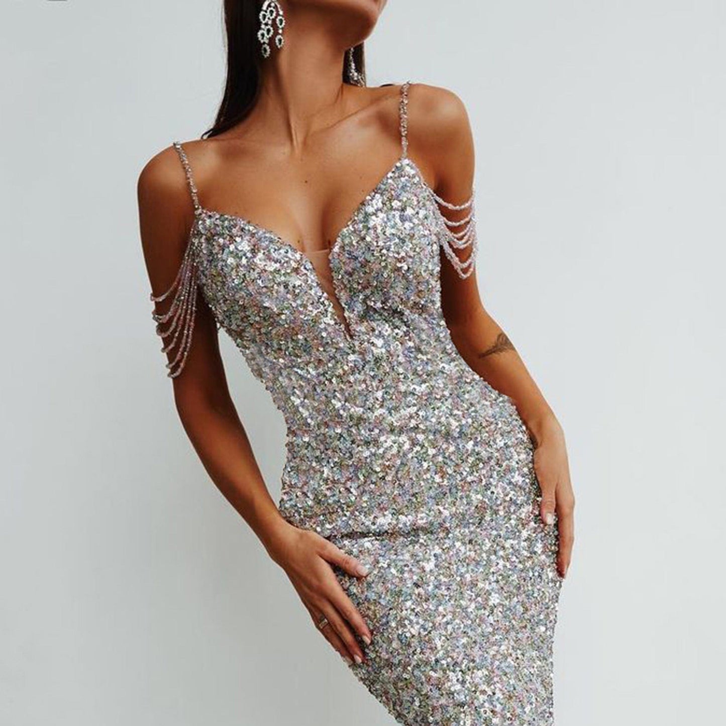 BD2072 Fashion New In Colorful Sequins V-neck Strap Long Dress For Women