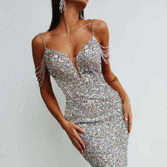 BD2072 Fashion New In Colorful Sequins V-neck Strap Long Dress For Women