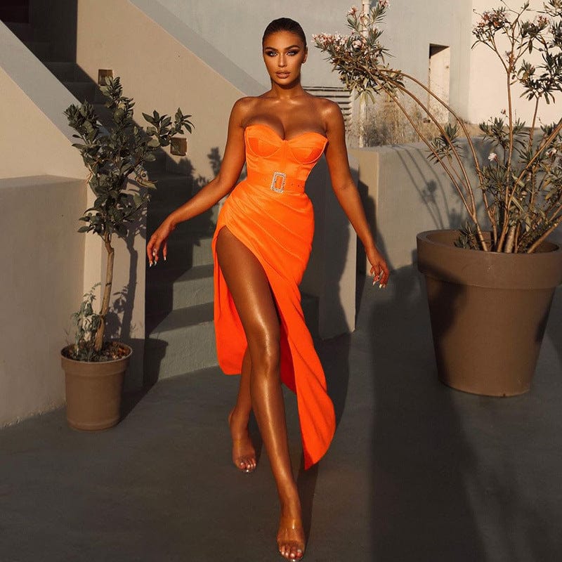 BD2133 Orange Color Clothing Backless Fashion Robe De Soiree Longue High Quality Trendy Satin Dress Asymmetric