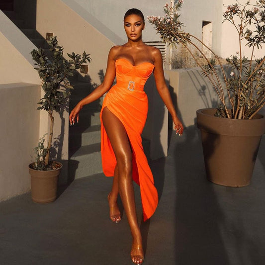 BD2133 Orange Color Clothing Backless Fashion Robe De Soiree Longue High Quality Trendy Satin Dress Asymmetric