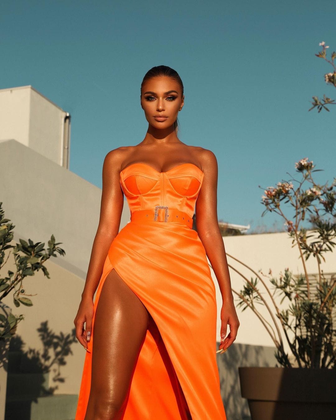 BD2133 Orange Color Clothing Backless Fashion Robe De Soiree Longue High Quality Trendy Satin Dress Asymmetric