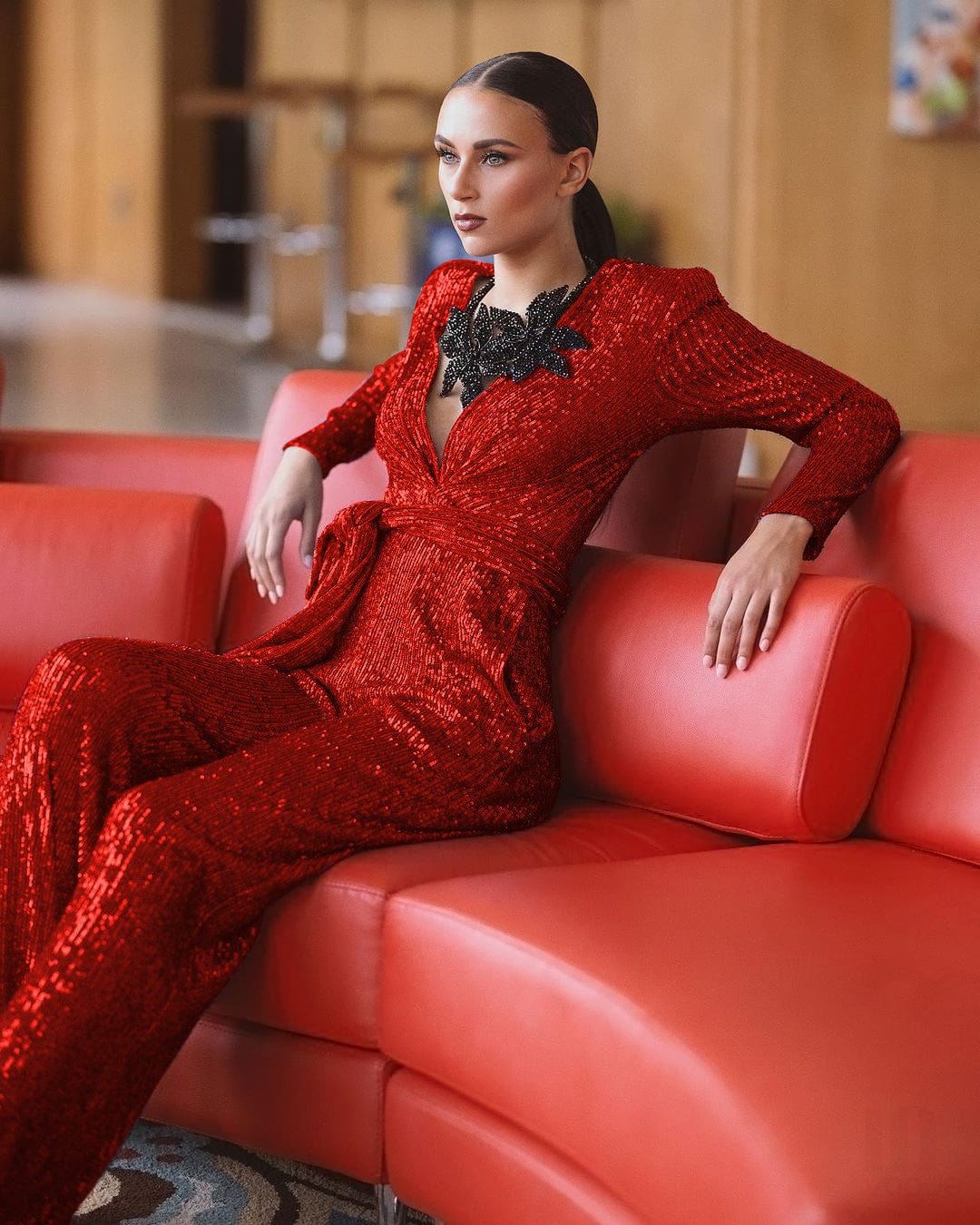 BD2164 New arrivals red sequined one piece jumpsuit women fall womens jumpsuits