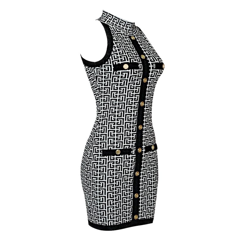 BD2199 Classic Print Metal Buttons Sleeveless Knitted Luxury Women'S Sweater Dress Dropshipping