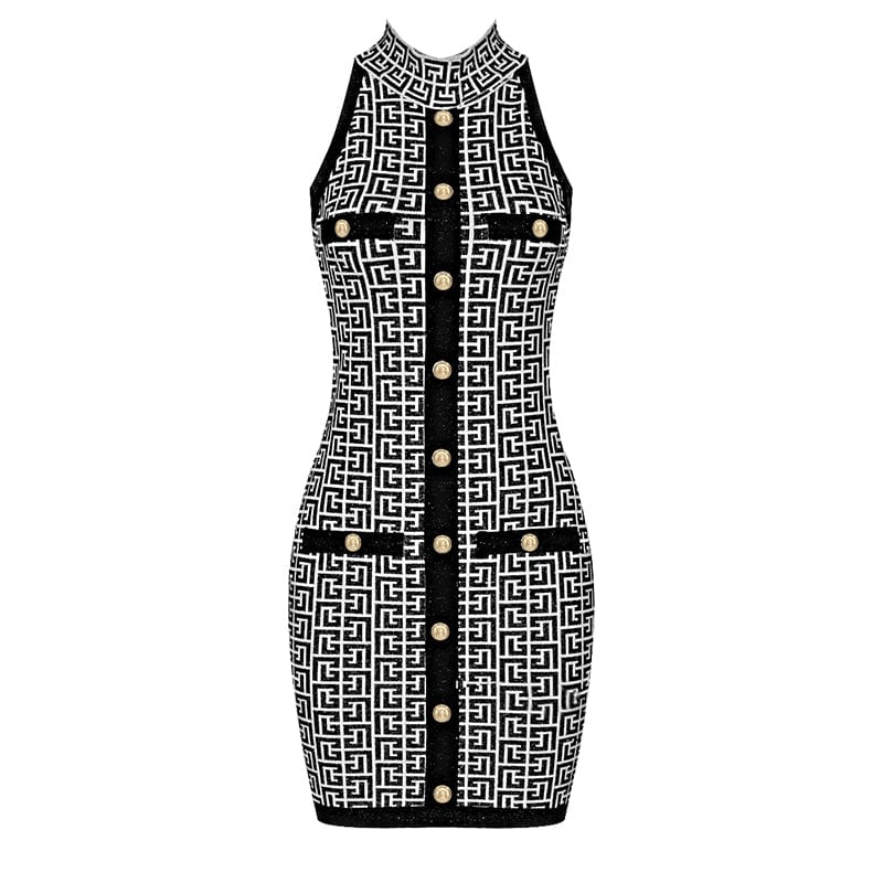 BD2199 Classic Print Metal Buttons Sleeveless Knitted Luxury Women'S Sweater Dress Dropshipping