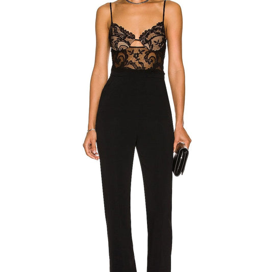 BD2230 Drop Ship Glamorous Black Strap Backless Full Lace Top Women Clubwear Wide Leg Bodycon Jumpsuit