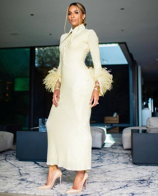 BD2315 2022 Fashion Style Long Sleeve Feather Stand Solid Color Bandage Stretch Fabric Winter Bodycon