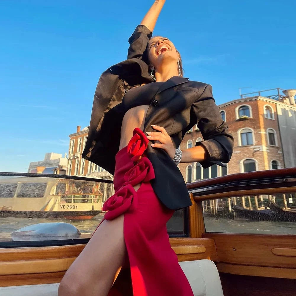 BD2483 Christmas Red 3D Flower Skirts Fashion Party Sexy Split Bandage Dress High Quality 2023 New Solid Woman Dresses