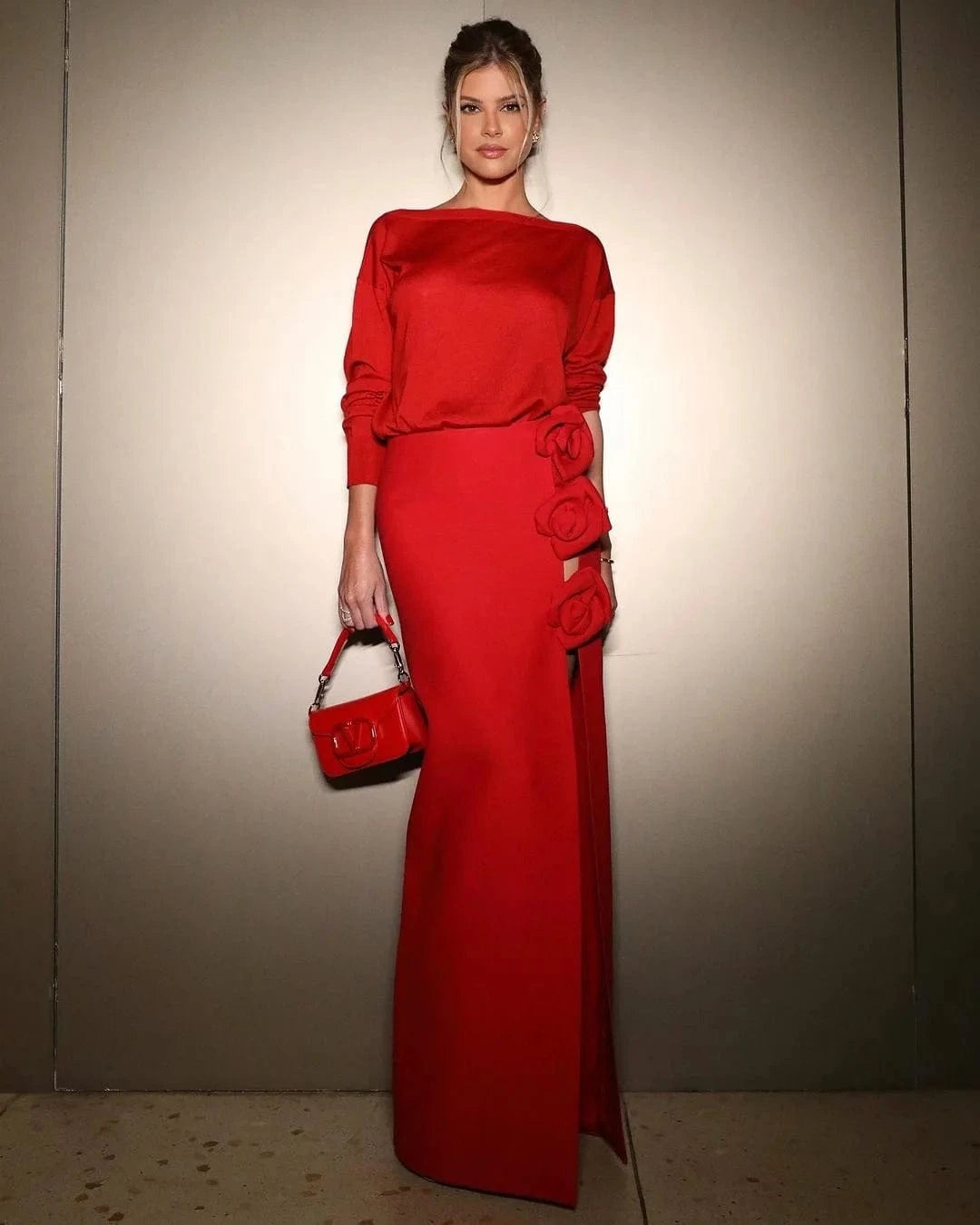 BD2483 Christmas Red 3D Flower Skirts Fashion Party Sexy Split Bandage Dress High Quality 2023 New Solid Woman Dresses