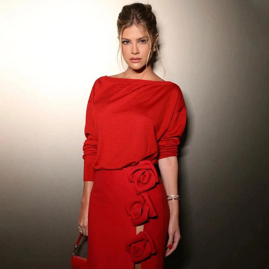 BD2483 Christmas Red 3D Flower Skirts Fashion Party Sexy Split Bandage Dress High Quality 2023 New Solid Woman Dresses