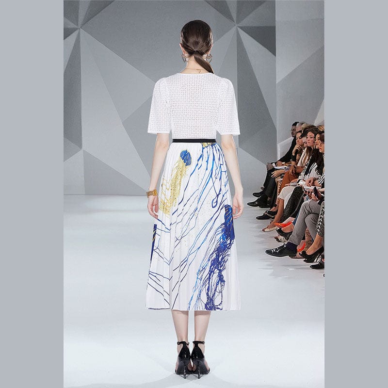 Be careful machine white hollow knitted sweater + fashion slim printed skirt two-piece set HJW9599078