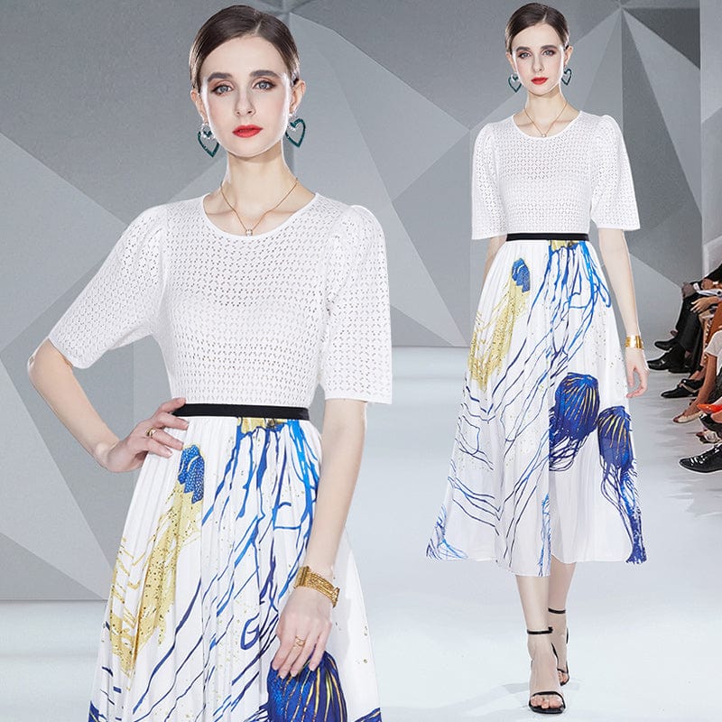 Be careful machine white hollow knitted sweater + fashion slim printed skirt two-piece set HJW9599078