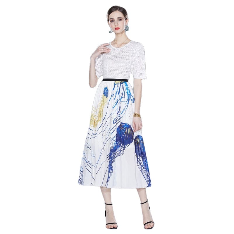 Be careful machine white hollow knitted sweater + fashion slim printed skirt two-piece set HJW9599078