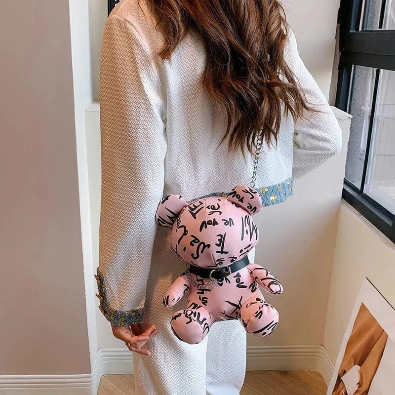 Bear Shape Crossbody Bag For Women Letters Printed Cute Fashion Doll Shoulder Bags Chain Animal Handbag Party Pocket Mini Purse