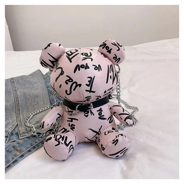 Bear Shape Crossbody Bag For Women Letters Printed Cute Fashion Doll Shoulder Bags Chain Animal Handbag Party Pocket Mini Purse