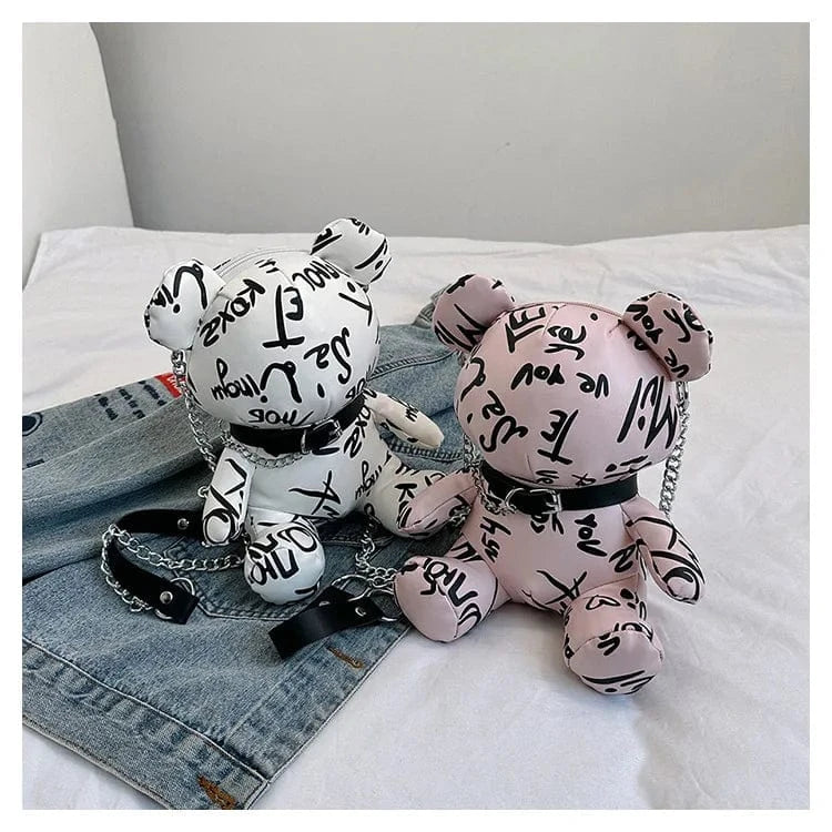 Bear Shape Crossbody Bag For Women Letters Printed Cute Fashion Doll Shoulder Bags Chain Animal Handbag Party Pocket Mini Purse