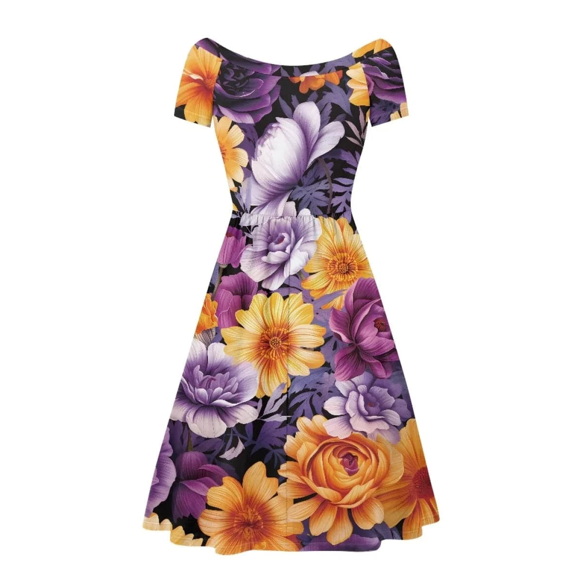 Beautiful Tie Dye Flowers Printed Women's Vintage Short Sleeve High Waist Flared Midi Casual Summer Party Wear Dresses for Women