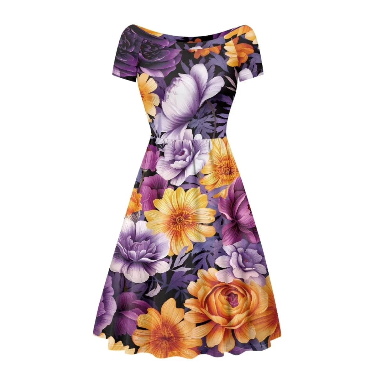 Beautiful Tie Dye Flowers Printed Women's Vintage Short Sleeve High Waist Flared Midi Casual Summer Party Wear Dresses for Women