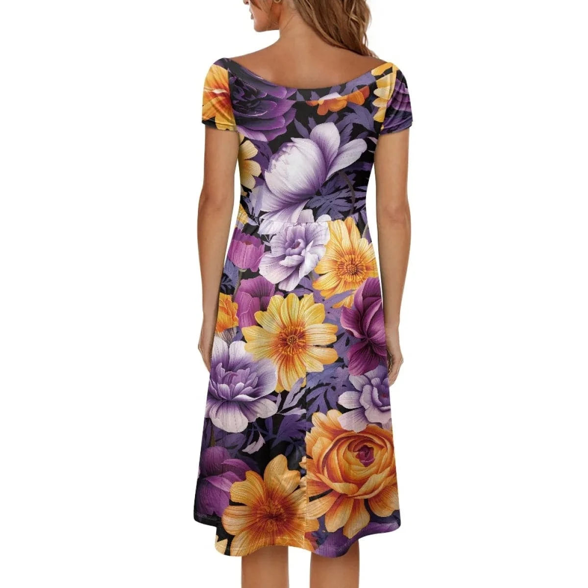 Beautiful Tie Dye Flowers Printed Women's Vintage Short Sleeve High Waist Flared Midi Casual Summer Party Wear Dresses for Women