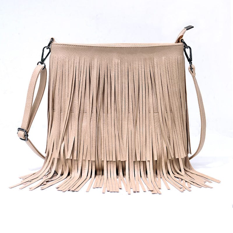 Beige Wholesale Zipper Vintage Women Fringe Tassel Crossbody Bag Faux Vegan PU Leather Shoulder tassel bag