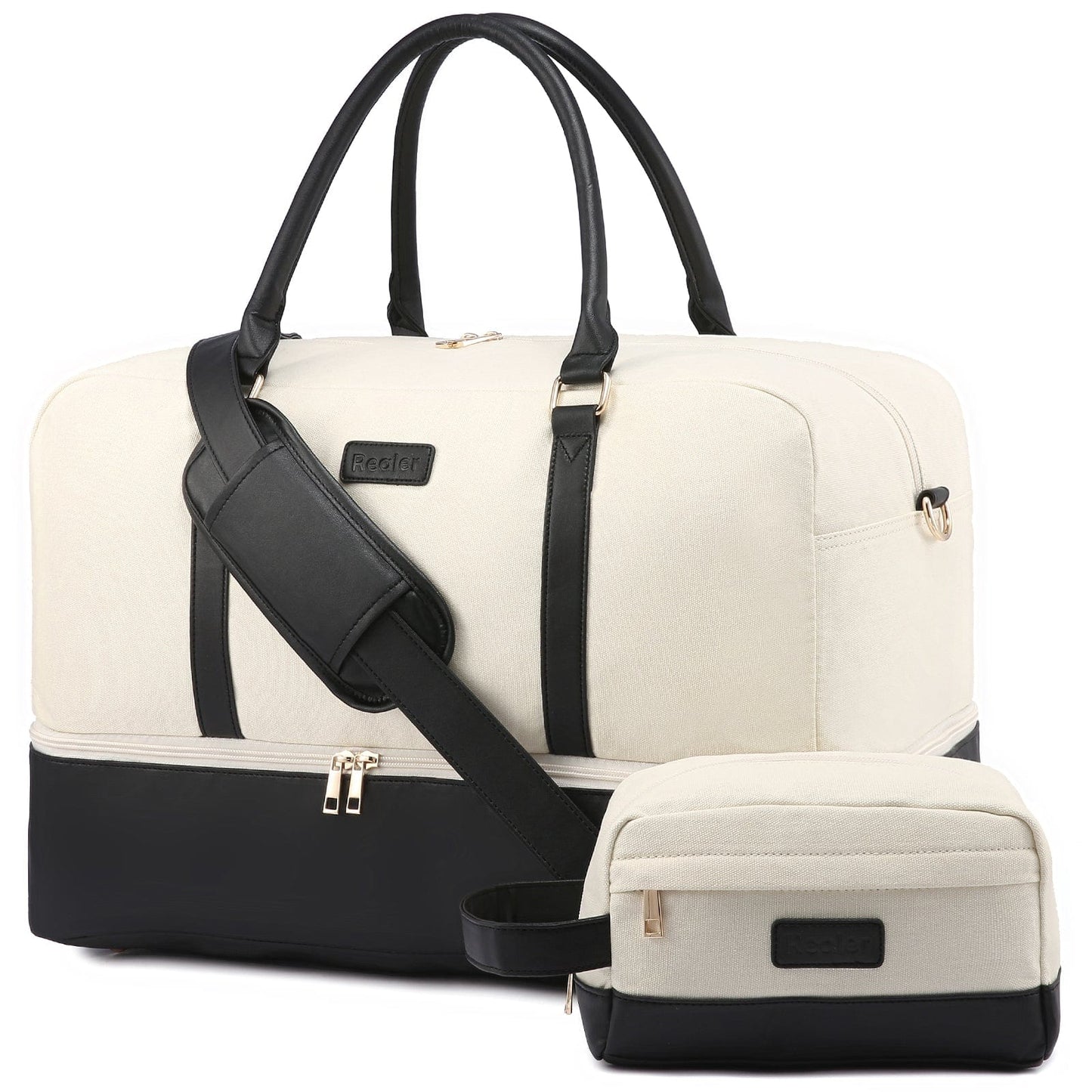 Beige with black-VYUB1785RE28L Wholesale custom low moq vintage canvas PU leather trim tote crossbody shoulder bag women weekend duffel travel bags
