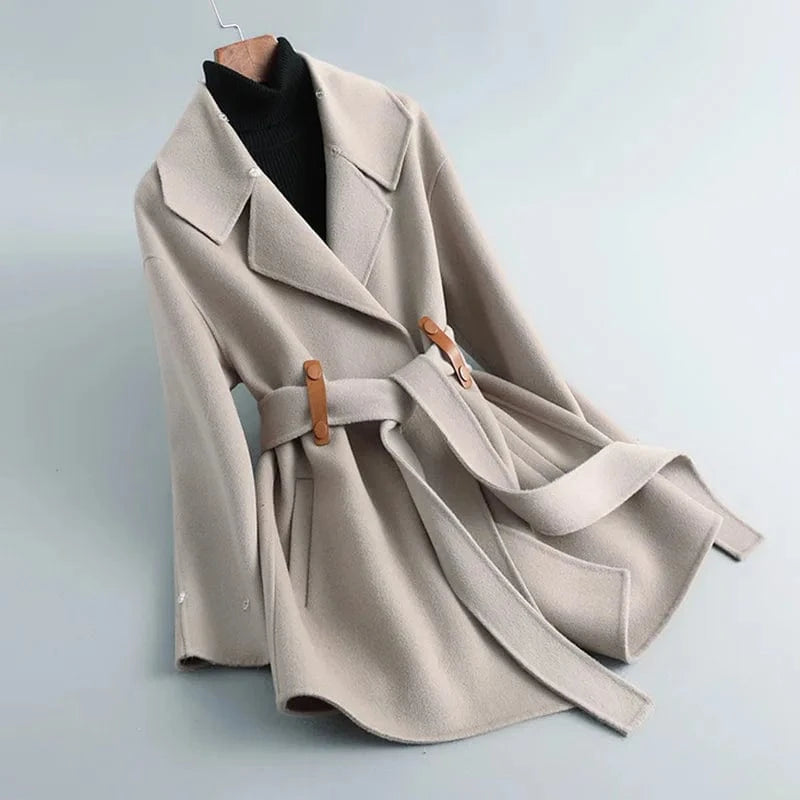 Belted Double Sided Wool Coat Ladies Cashmere Wool Coat With Detachable Fox Fur Collar