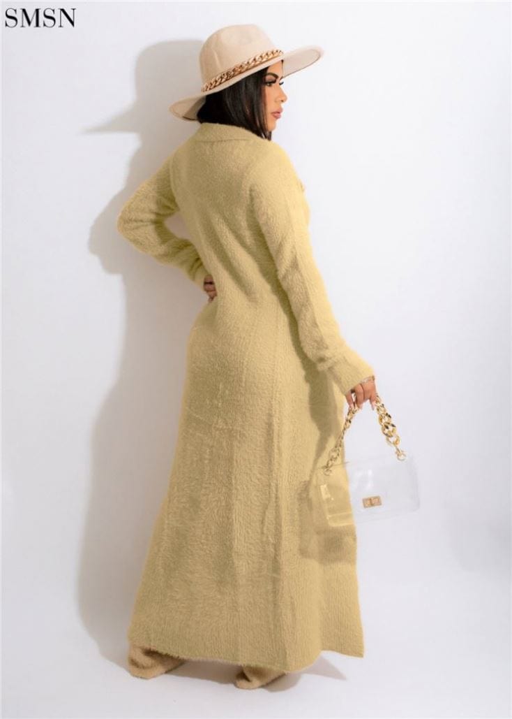 Best Design Solid Color Plush Long Coat Casual Suit Wholesale 2 Piece Set Women Clothes 2 Pice Women Sets
