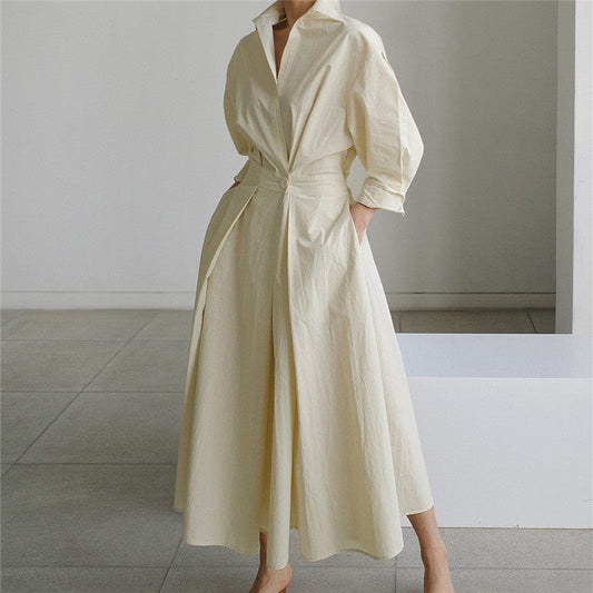 Best Sell Fashion Solid Color Dresses Women Lady Elegant High Waist Loose Long-sleeved Shirt Dress