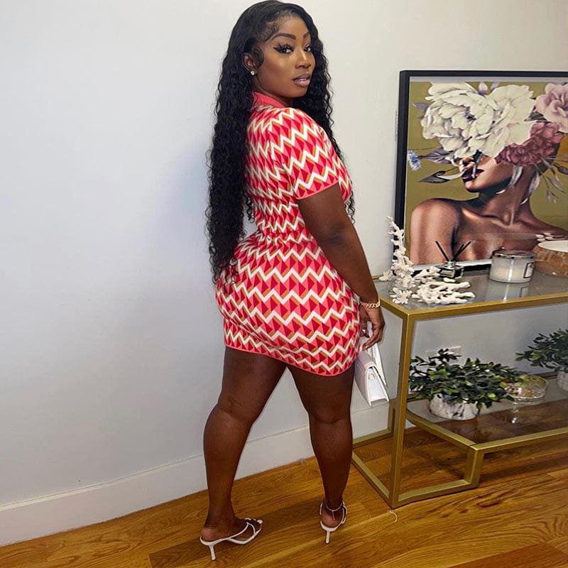 Best Selling Stripe Turn-down collar Short Sleeve Bodycon Dress Designer Print Dresses Mini Slim Dress
