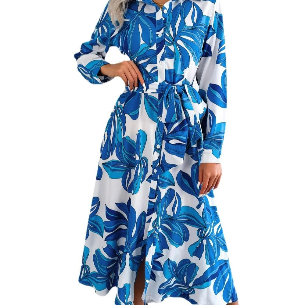 Best Selling Summer European and American 3D Printing Dress Lapel Tie Shirt Skirt Casual Slim Women's Skirt