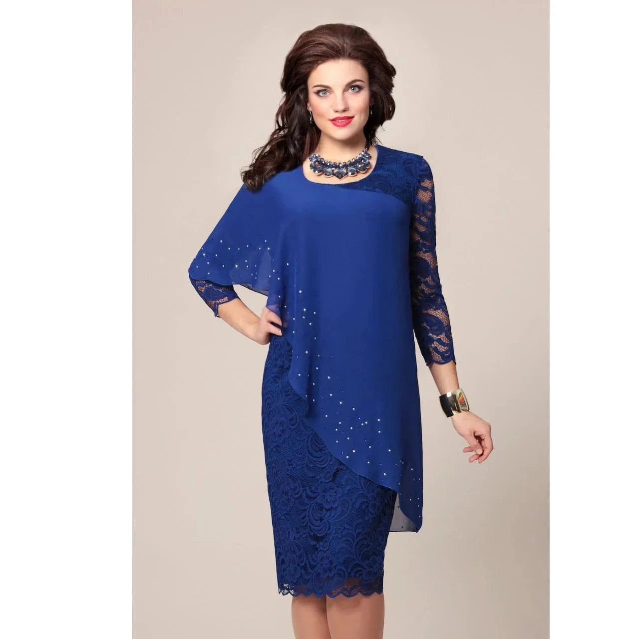 Best Selling Summer Oversized Solid Lace Stitching Elegant Three Quarter Sleeve Slim Dress