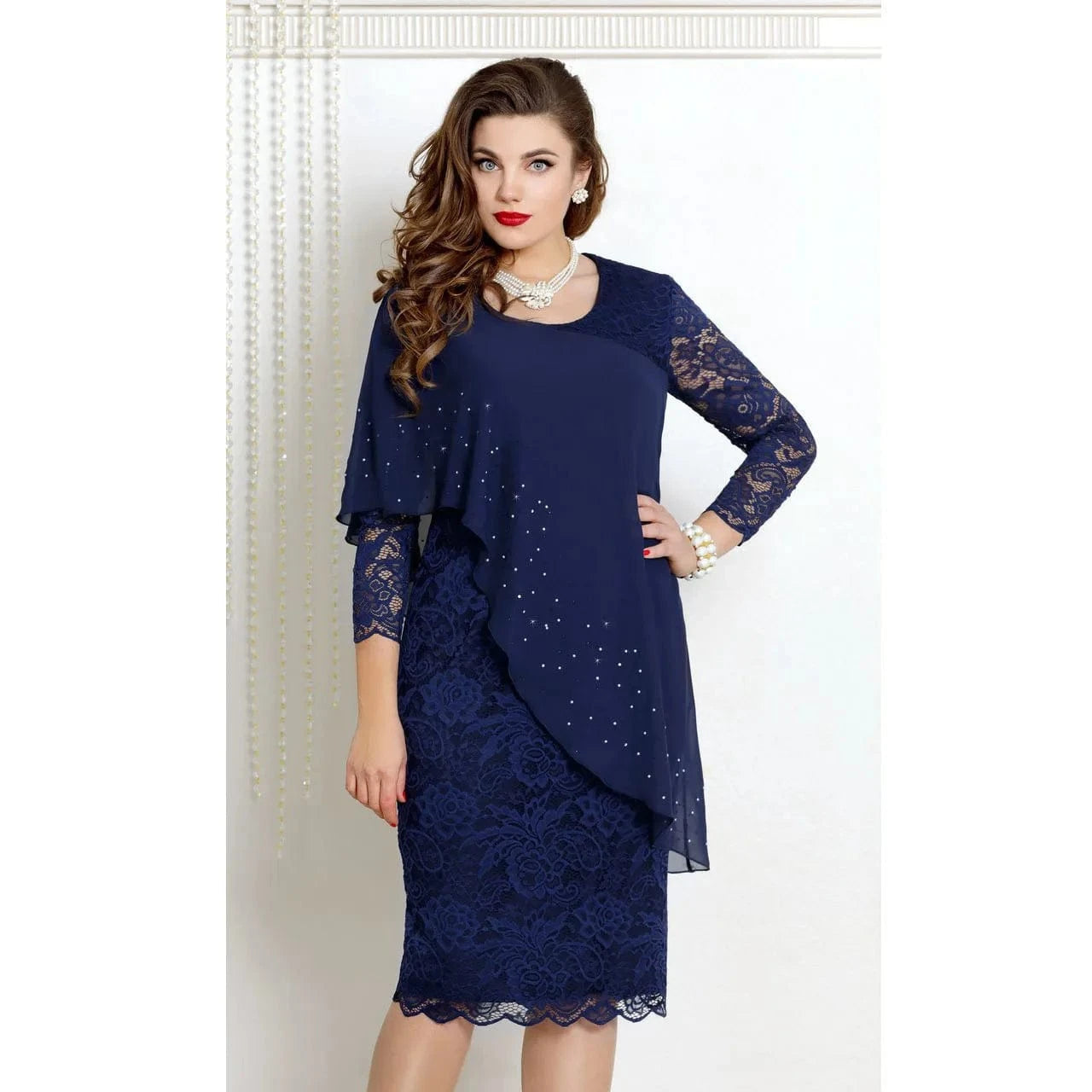Best Selling Summer Oversized Solid Lace Stitching Elegant Three Quarter Sleeve Slim Dress