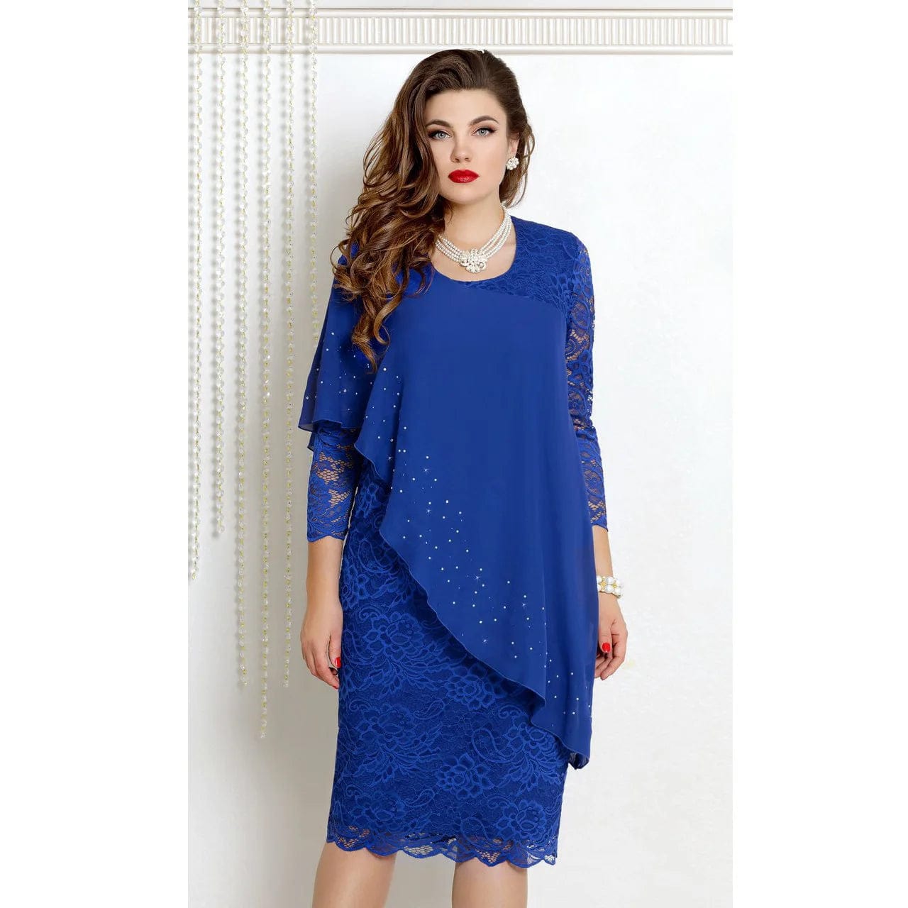 Best Selling Summer Oversized Solid Lace Stitching Elegant Three Quarter Sleeve Slim Dress