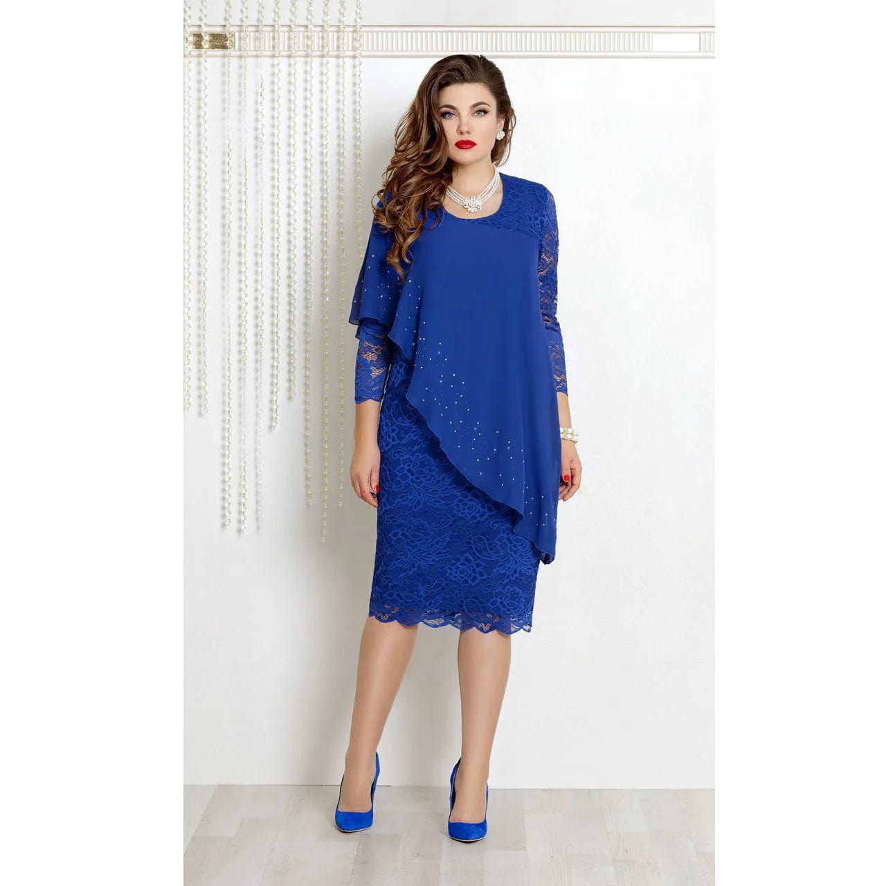 Best Selling Summer Oversized Solid Lace Stitching Elegant Three Quarter Sleeve Slim Dress