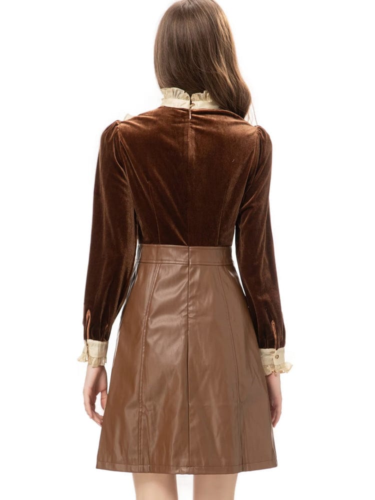 Bettergirl New 2023 Vintage Stand Collar Long Sleeve Patchwork PU Mini Dress