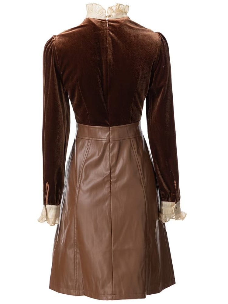 Bettergirl New 2023 Vintage Stand Collar Long Sleeve Patchwork PU Mini Dress