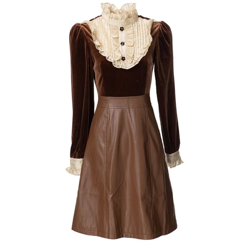 Bettergirl New 2023 Vintage Stand Collar Long Sleeve Patchwork PU Mini Dress