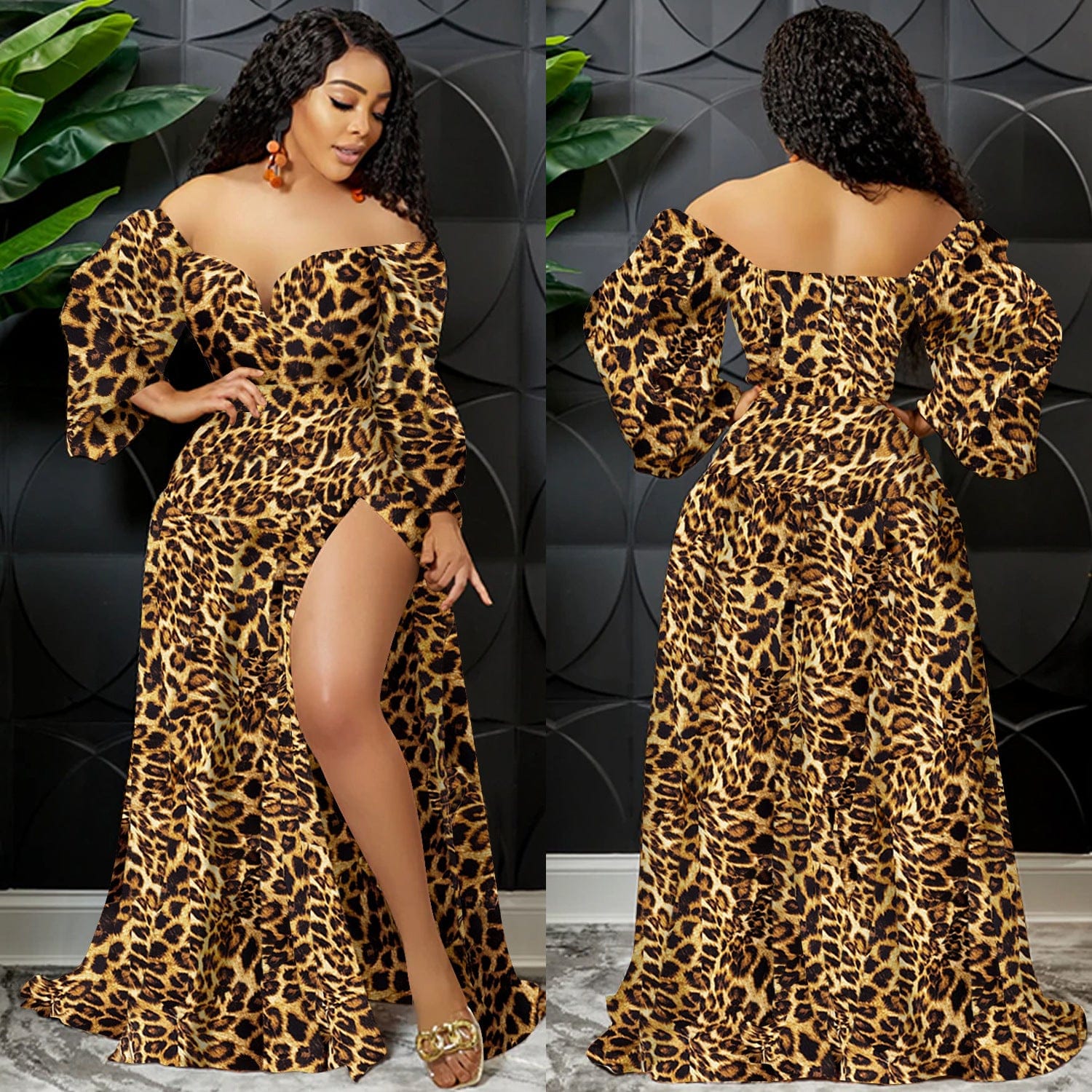 BH676 women tiger leopard  print long slit dresses
