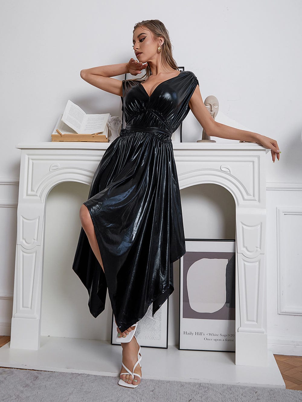 BH7456 New Fashion V-Neck Irregular Dress Sleeveless Black Sexy Party Evening Dress