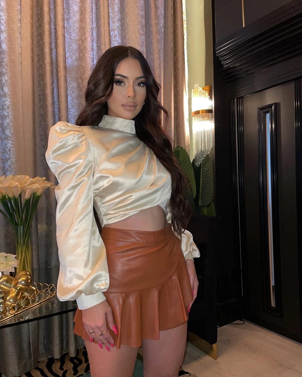 BH7535 European And American New Women'S Temperament Long Sleeve Satin Top Fashion Round Neck Crop Top 2022