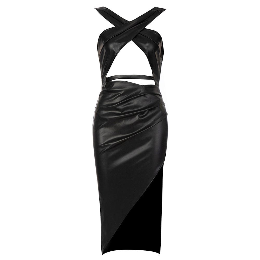 BH7596 Pu Leather Halter Front Criss-Cross Sexy Club Hollowed Out Night Club Dresses Sexy Women